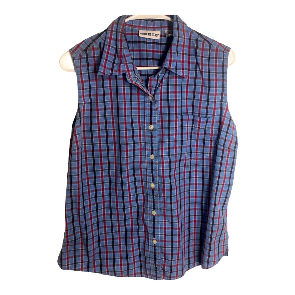 Vintage White Stag Plaid Sleeveless Button Down